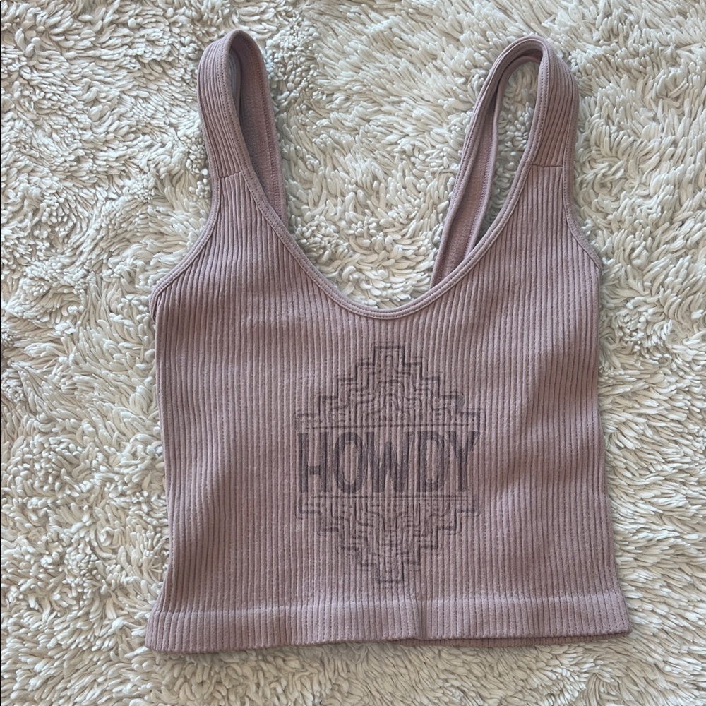 The Whole Herd western HOWDY ribbed mauve pink crop tank top